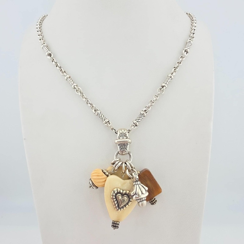 BRIGHTON 'Natural Elements' Charm Necklace Mixed Stone Heart Silver Plate 30"